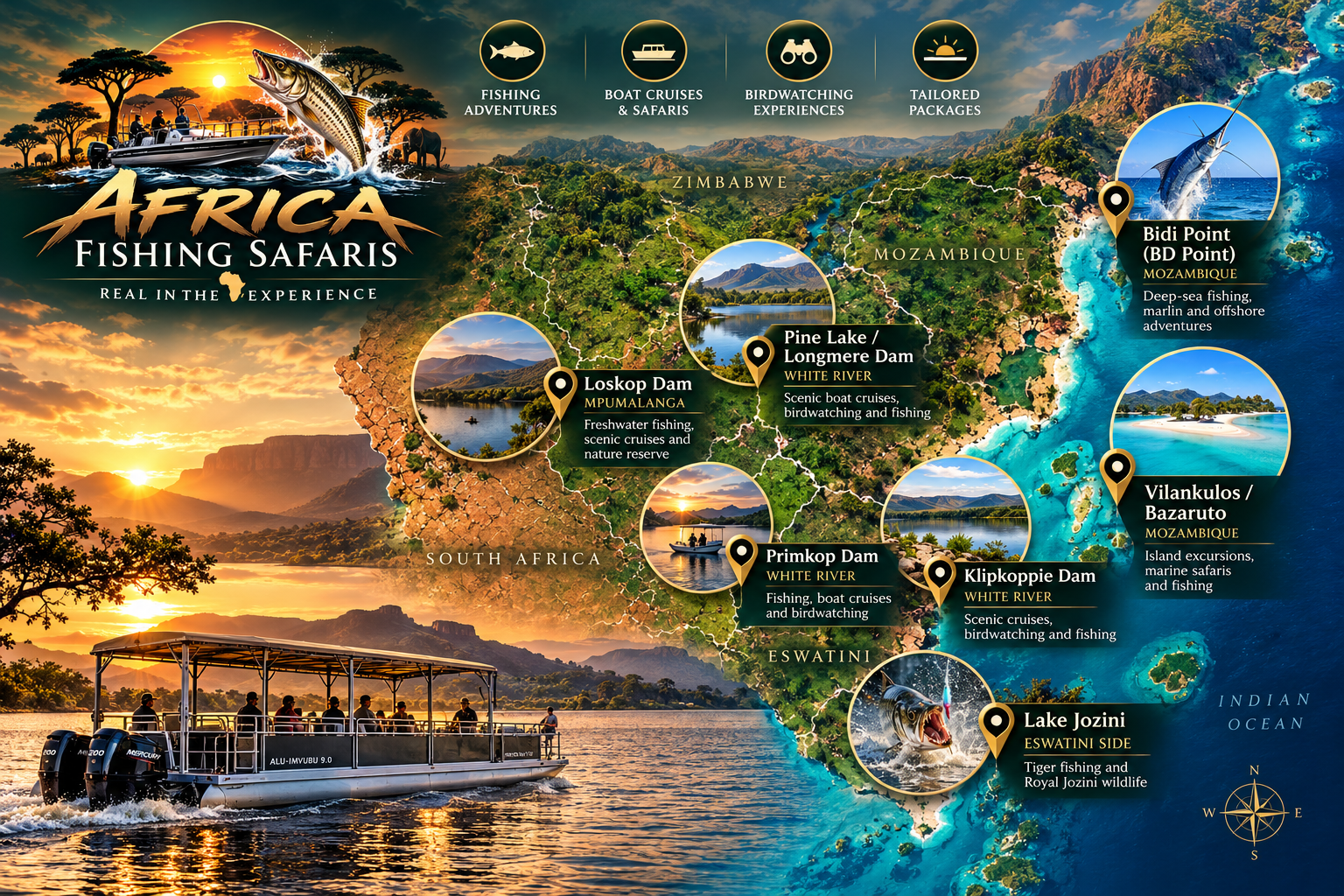 Illustrated Africa Fishing Safaris destination map featuring fishing and safari locations